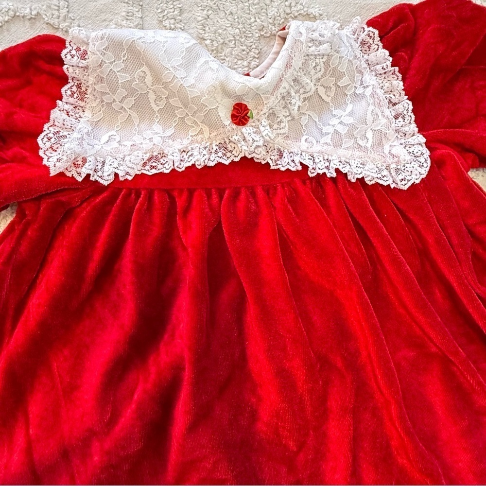 Red Velvet Baby Dress with Lace Trim - Picture 2 of 5